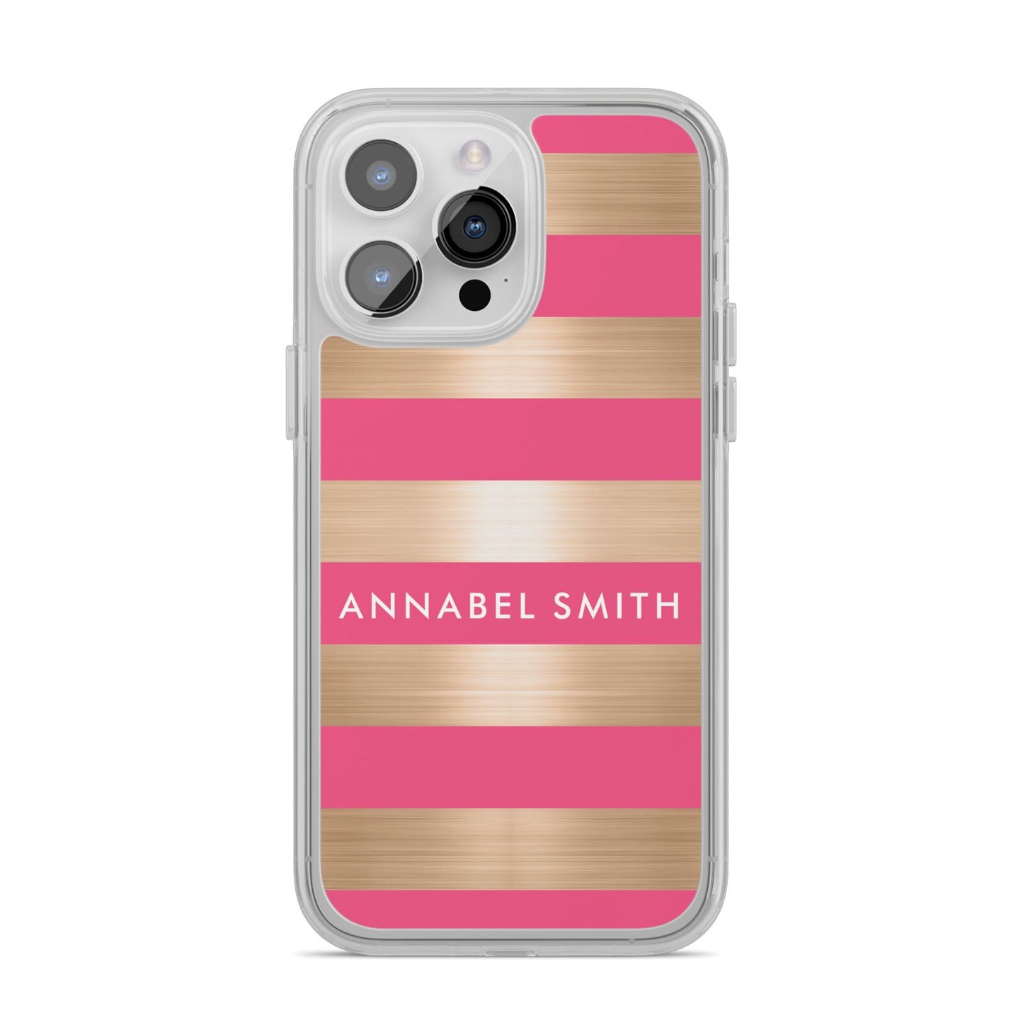 Personalised Gold Pink Stripes Name Initial iPhone 14 Pro Max Clear Tough Case Silver