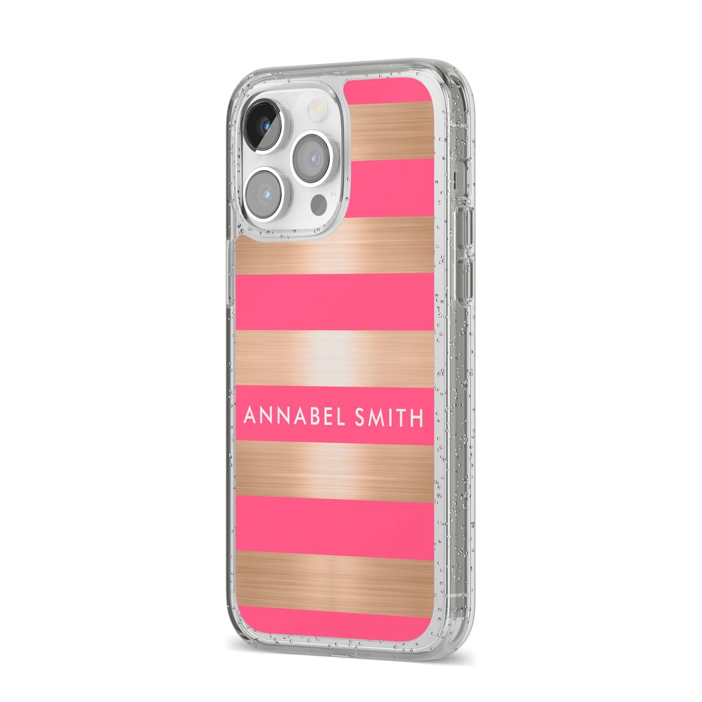Personalised Gold Pink Stripes Name Initial iPhone 14 Pro Max Glitter Tough Case Silver Angled Image