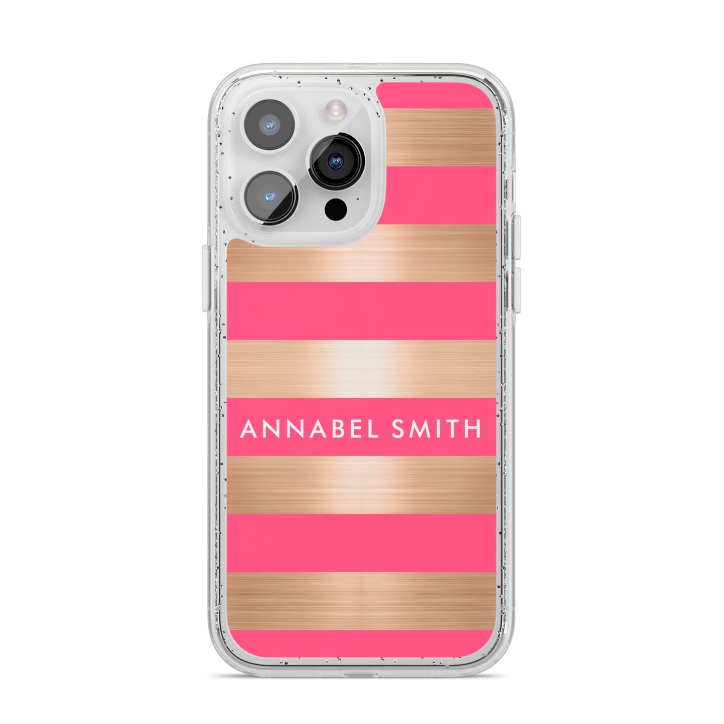 Personalised Gold Pink Stripes Name Initial iPhone 14 Pro Max Glitter Tough Case Silver