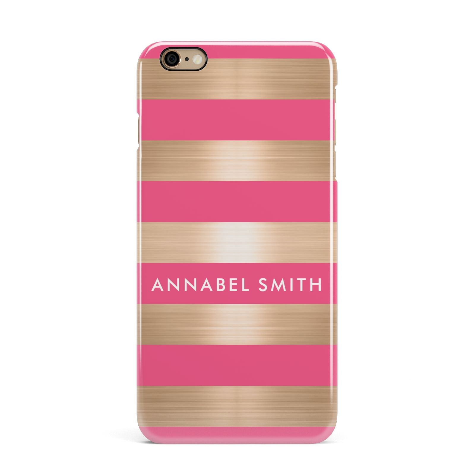 Personalised Gold Pink Stripes Name Initial iPhone 6 Plus 3D Snap Case on Gold Phone