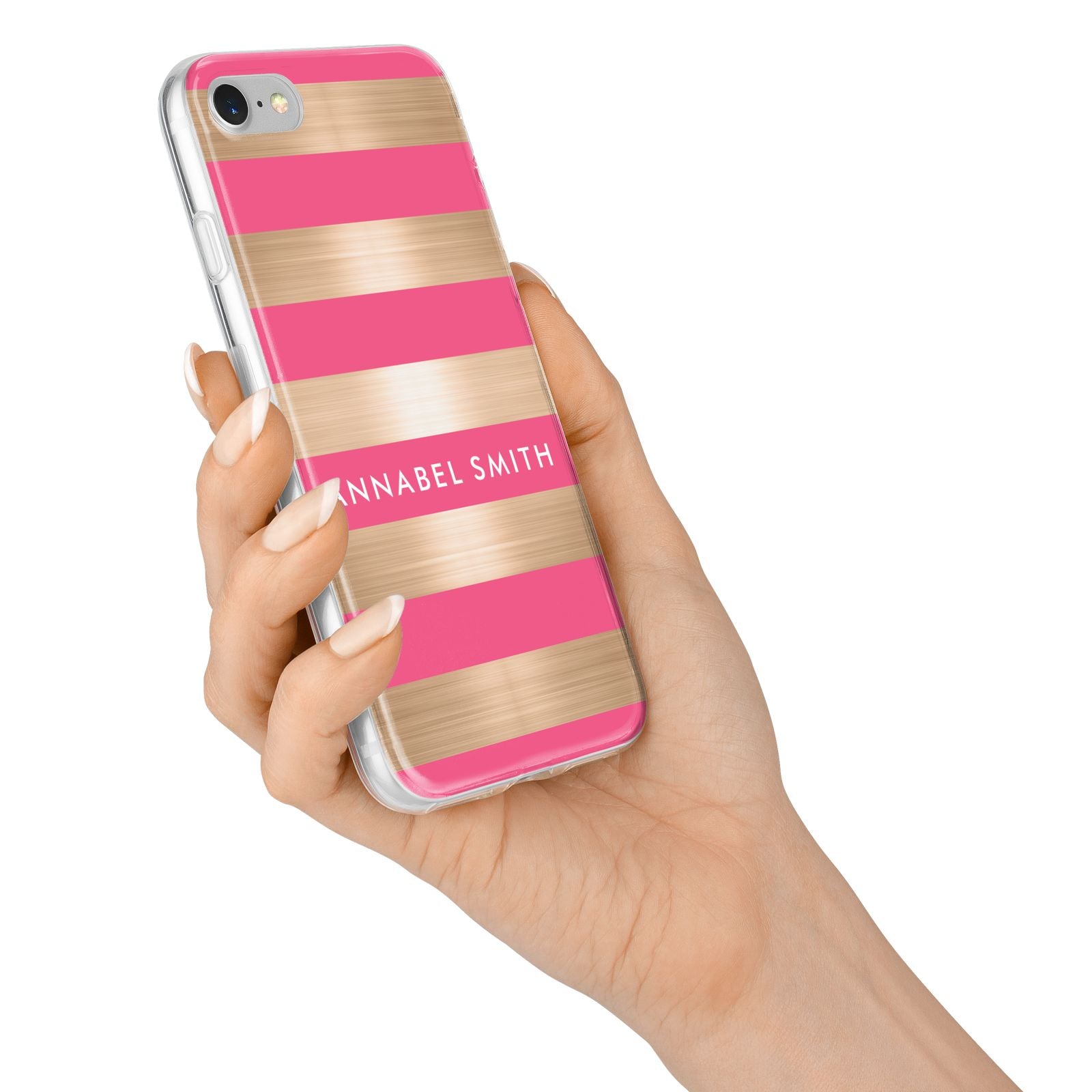 Personalised Gold Pink Stripes Name Initial iPhone 7 Bumper Case on Silver iPhone Alternative Image