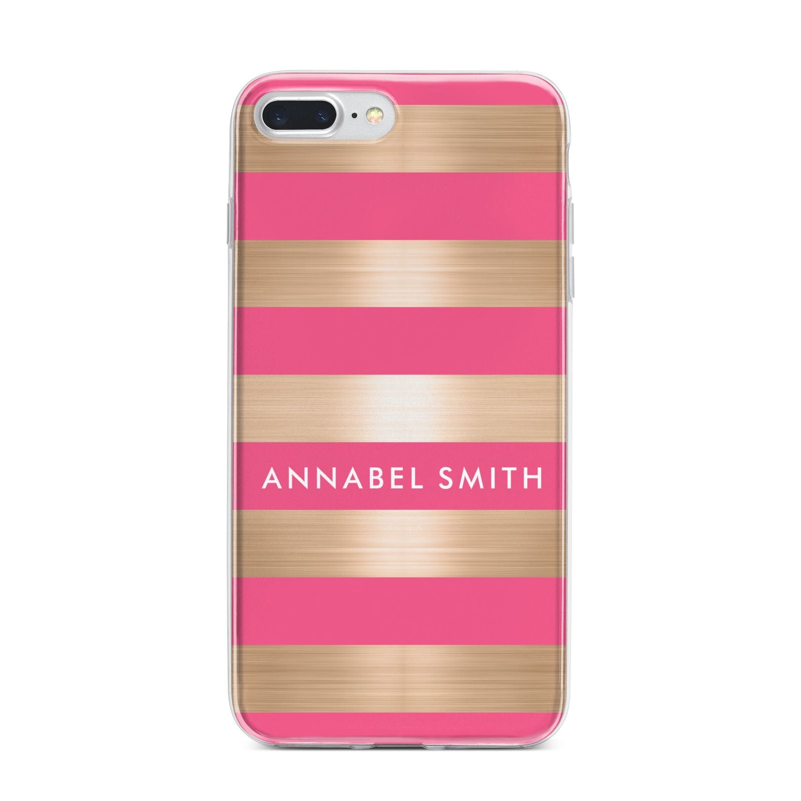 Personalised Gold Pink Stripes Name Initial iPhone 7 Plus Bumper Case on Silver iPhone