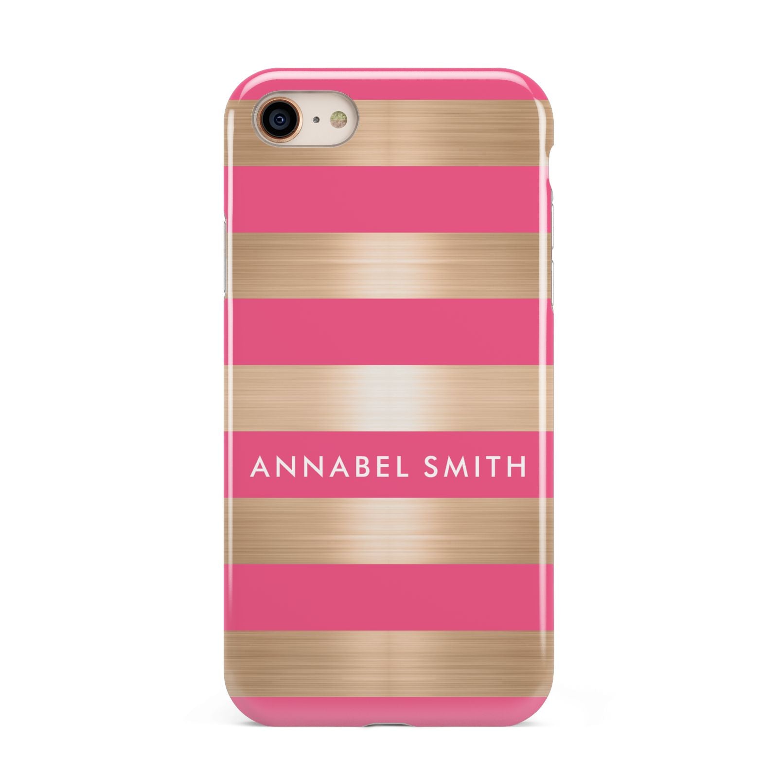 Personalised Gold Pink Stripes Name Initial iPhone 8 3D Tough Case on Gold Phone