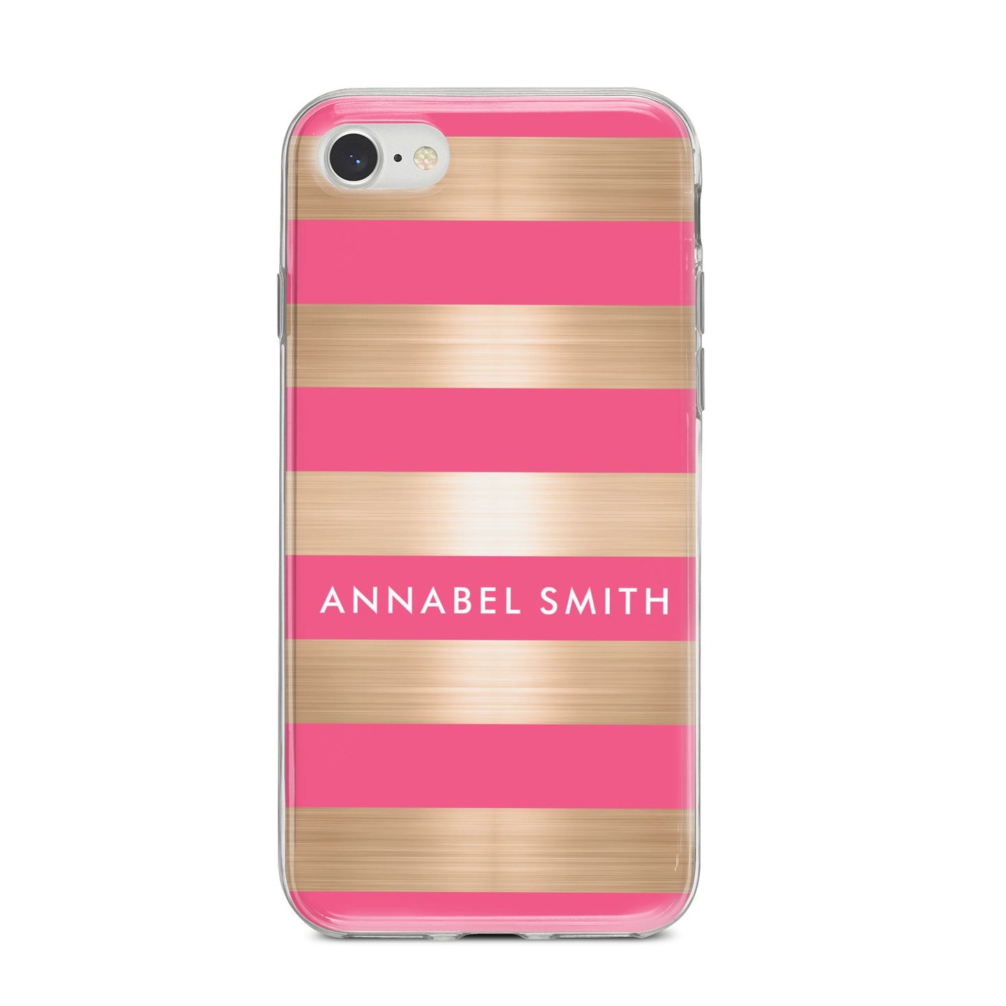 Personalised Gold Pink Stripes Name Initial iPhone 8 Bumper Case on Silver iPhone
