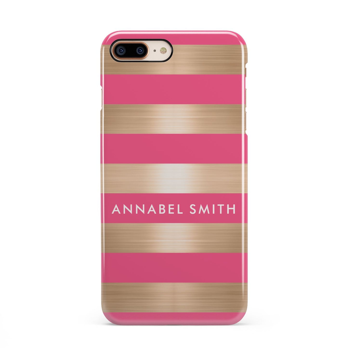 Personalised Gold Pink Stripes Name Initial iPhone 8 Plus 3D Snap Case on Gold Phone