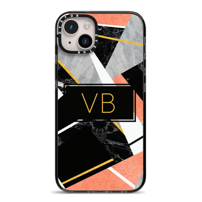Personalised Gold Rose Monogram iPhone 14 Plus Black Impact Case on Silver phone