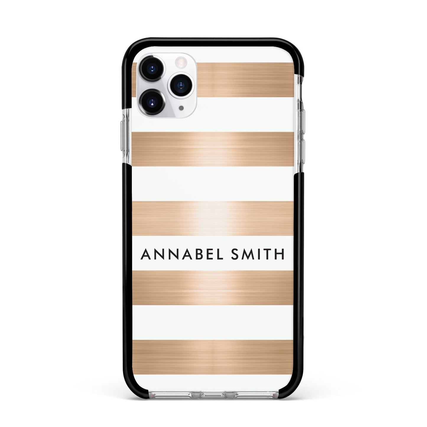 Personalised Gold Striped Name Initials Apple iPhone 11 Pro Max in Silver with Black Impact Case