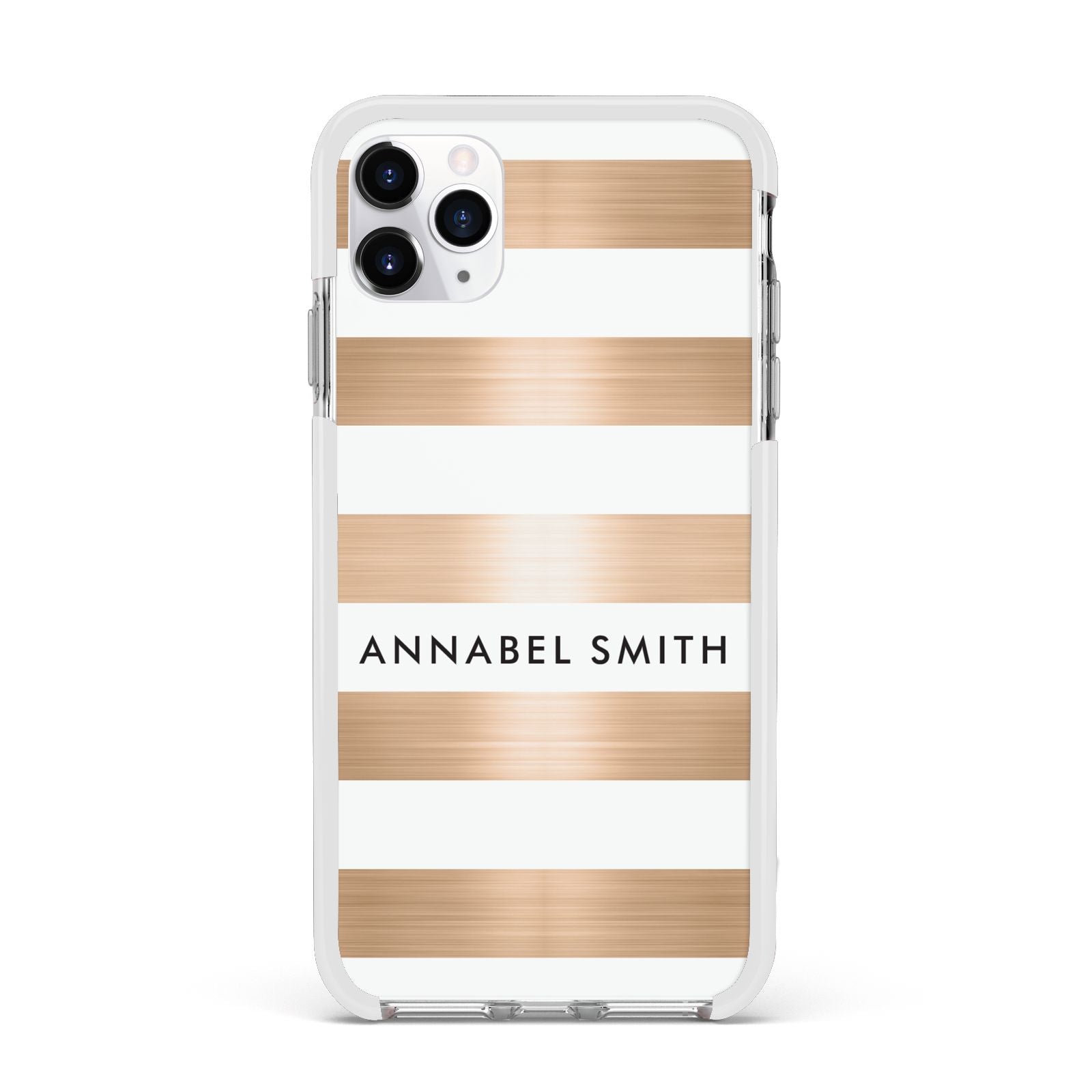 Personalised Gold Striped Name Initials Apple iPhone 11 Pro Max in Silver with White Impact Case