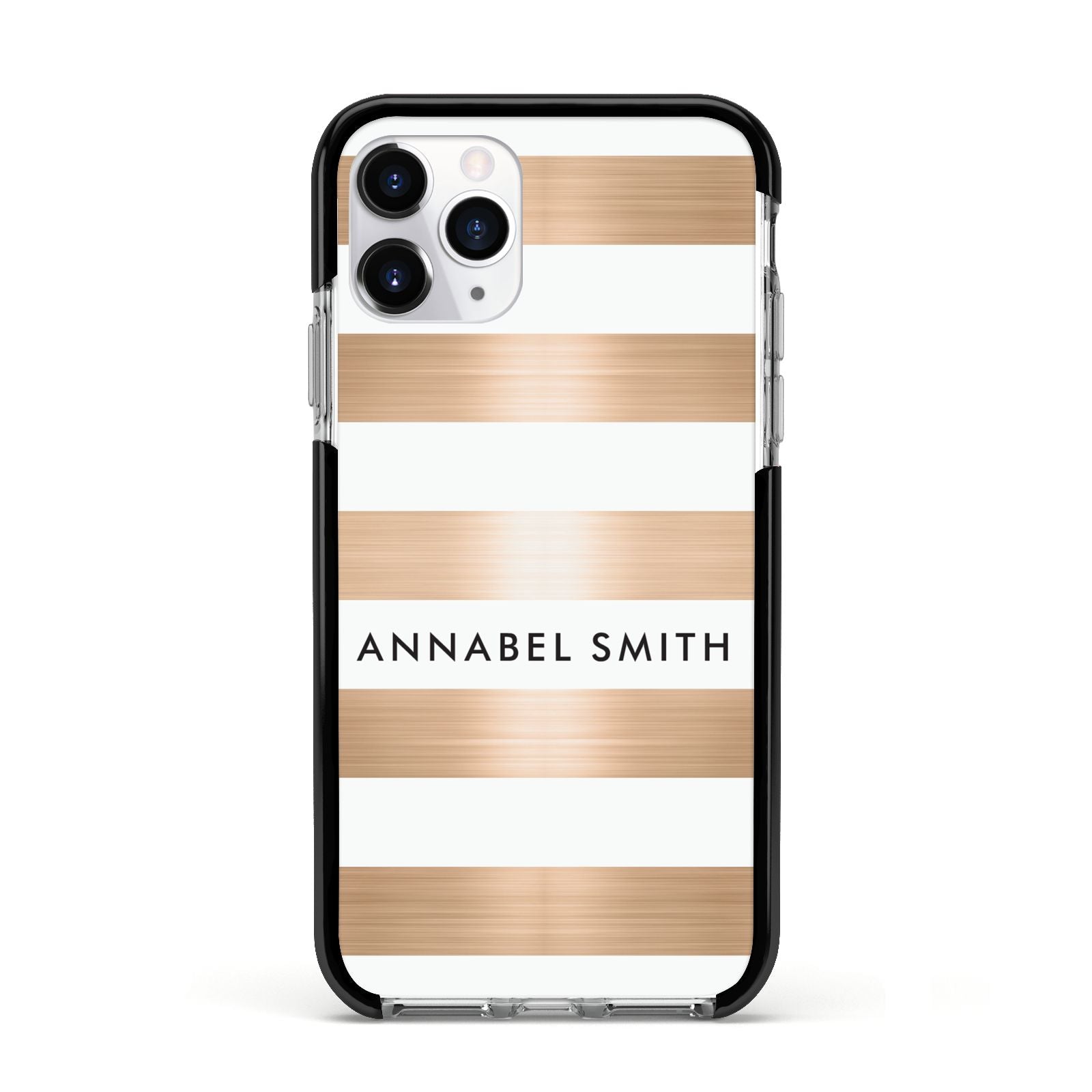 Personalised Gold Striped Name Initials Apple iPhone 11 Pro in Silver with Black Impact Case