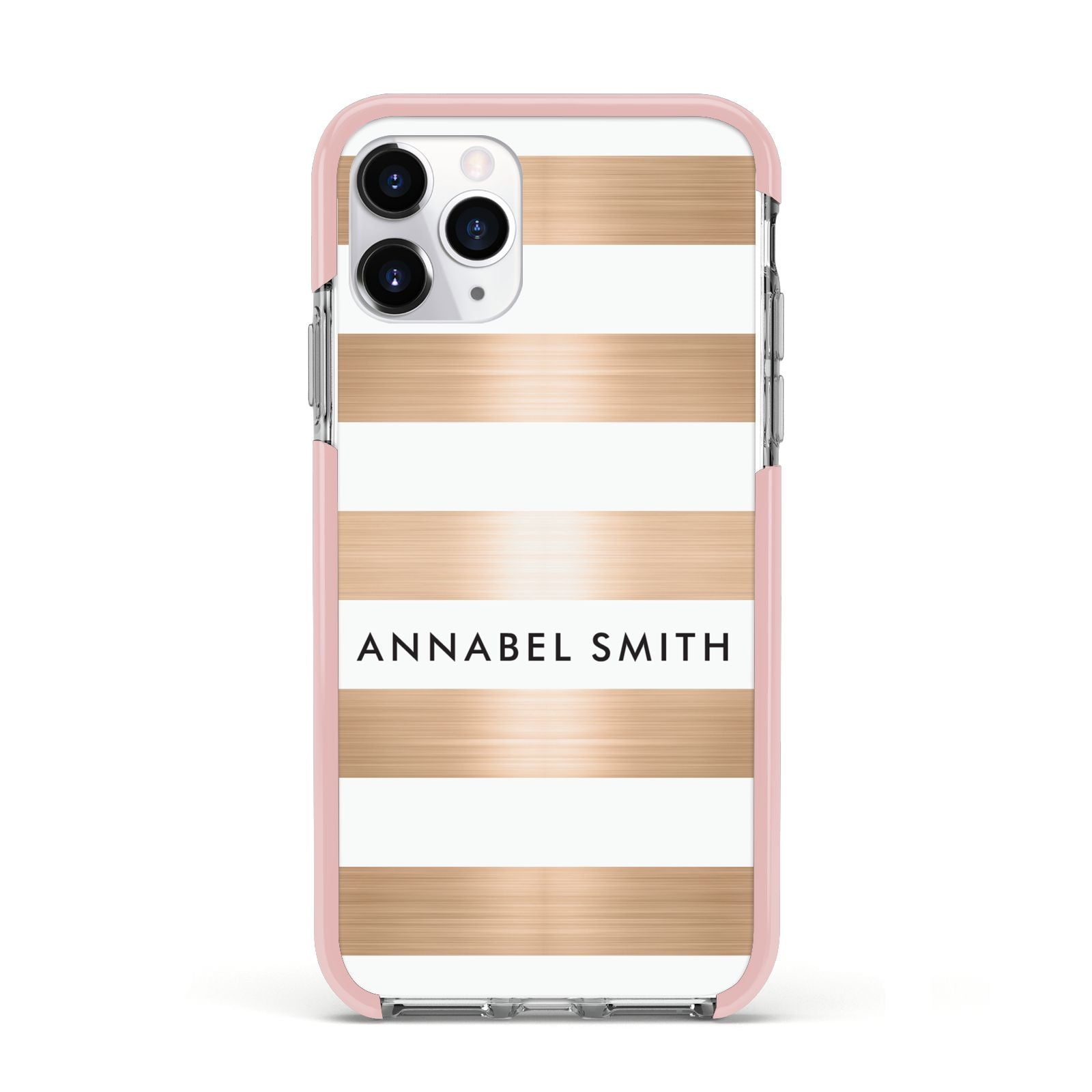 Personalised Gold Striped Name Initials Apple iPhone 11 Pro in Silver with Pink Impact Case