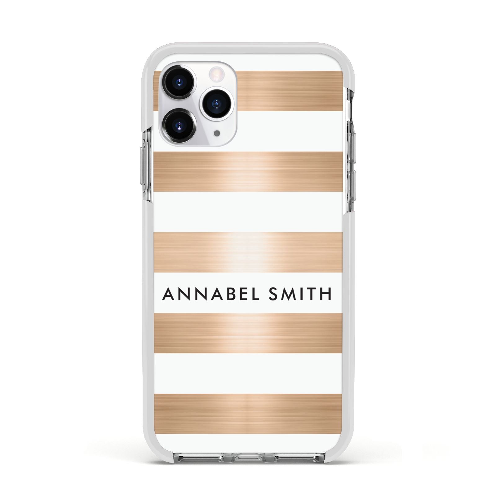 Personalised Gold Striped Name Initials Apple iPhone 11 Pro in Silver with White Impact Case