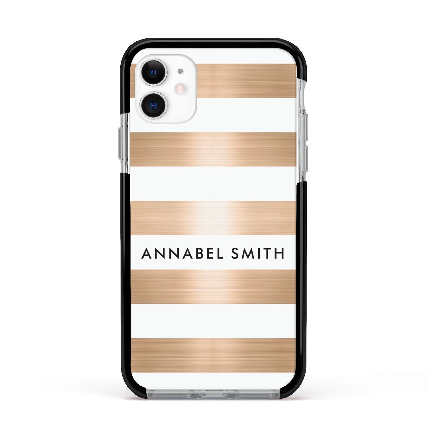 Personalised Gold Striped Name Initials Apple iPhone 11 in White with Black Impact Case