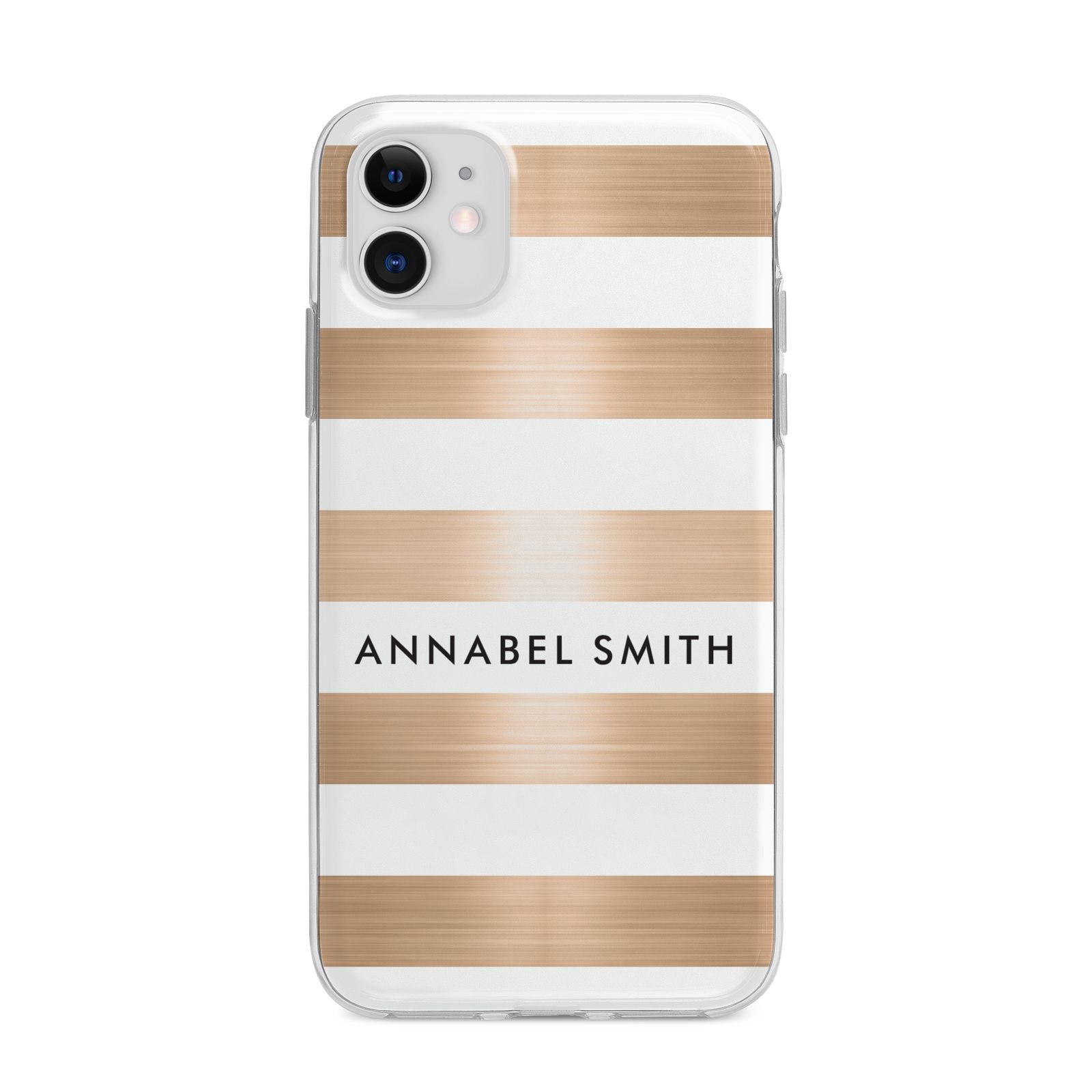 Personalised Gold Striped Name Initials Apple iPhone 11 in White with Bumper Case