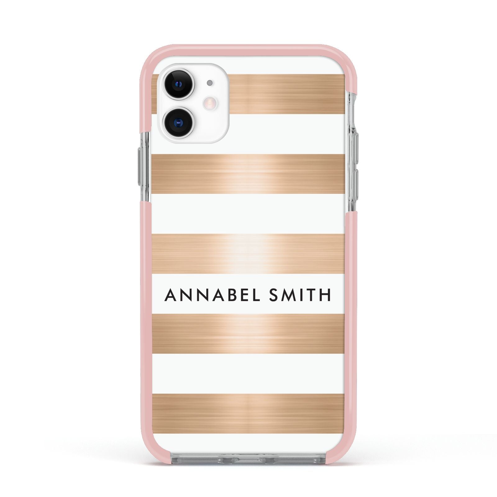 Personalised Gold Striped Name Initials Apple iPhone 11 in White with Pink Impact Case