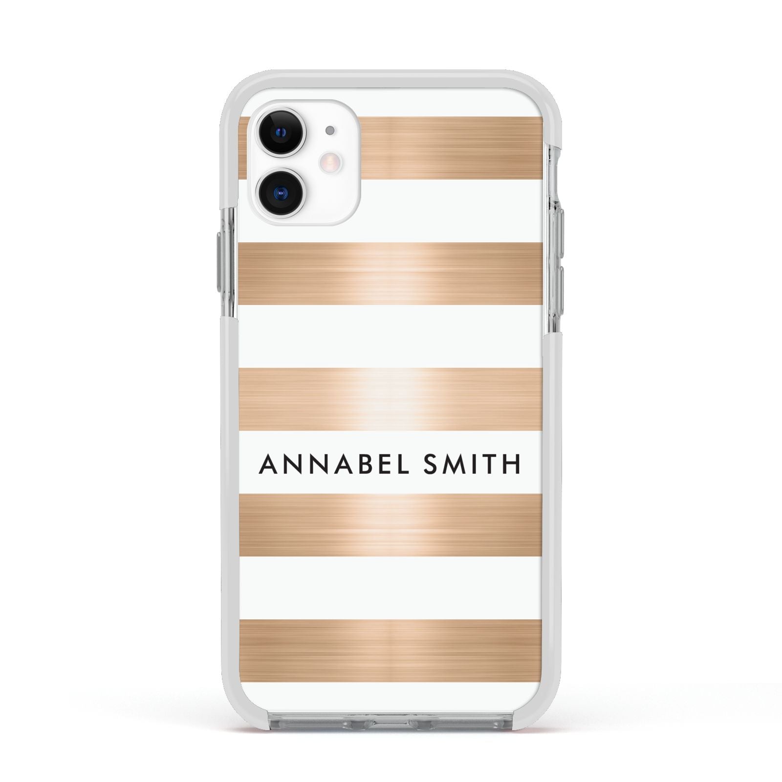 Personalised Gold Striped Name Initials Apple iPhone 11 in White with White Impact Case