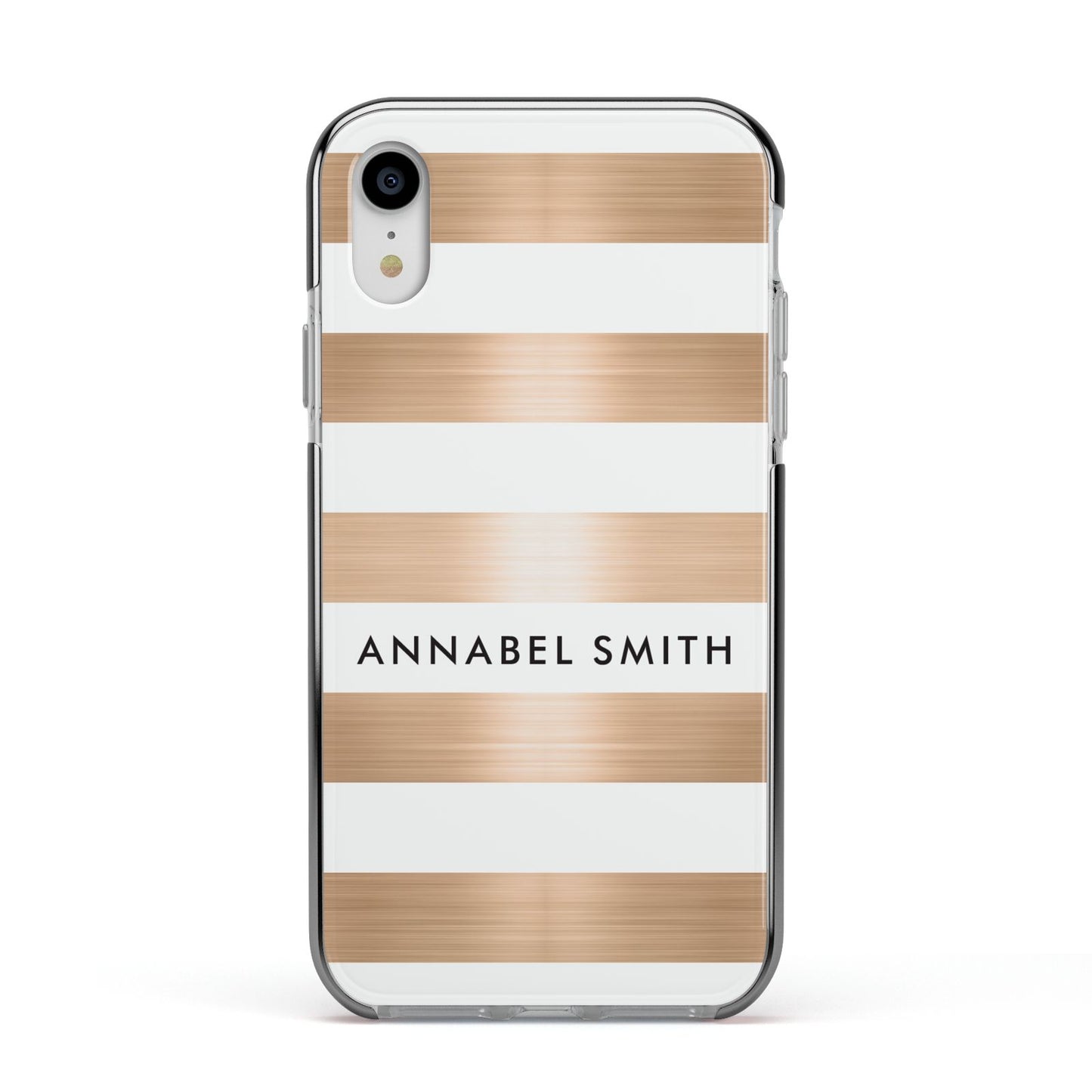 Personalised Gold Striped Name Initials Apple iPhone XR Impact Case Black Edge on Silver Phone