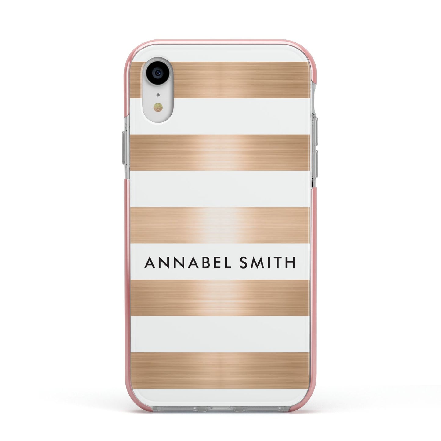 Personalised Gold Striped Name Initials Apple iPhone XR Impact Case Pink Edge on Silver Phone
