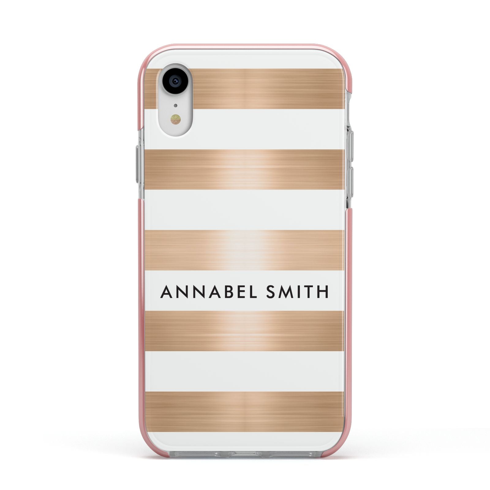Personalised Gold Striped Name Initials Apple iPhone XR Impact Case Pink Edge on Silver Phone