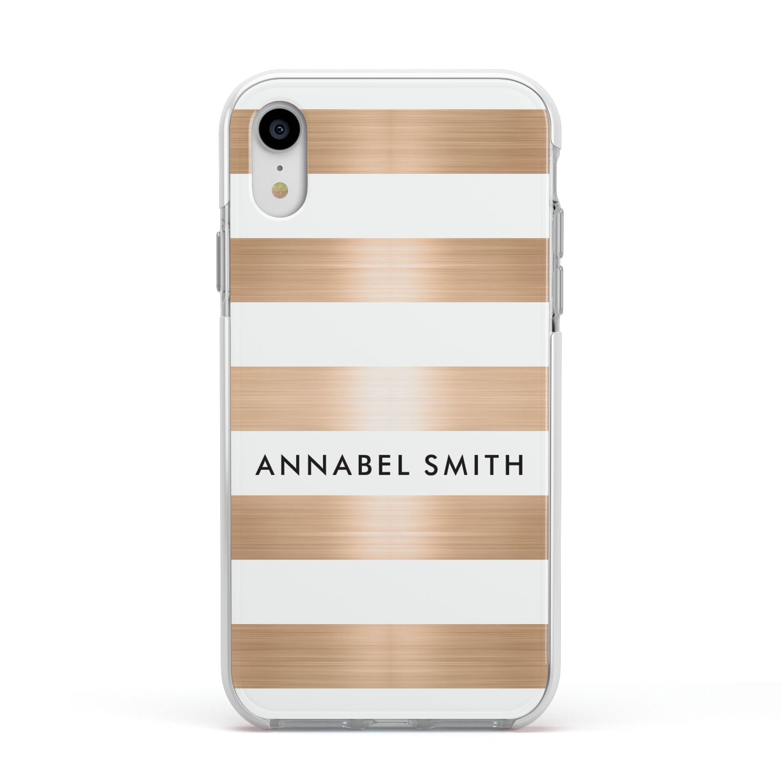 Personalised Gold Striped Name Initials Apple iPhone XR Impact Case White Edge on Silver Phone