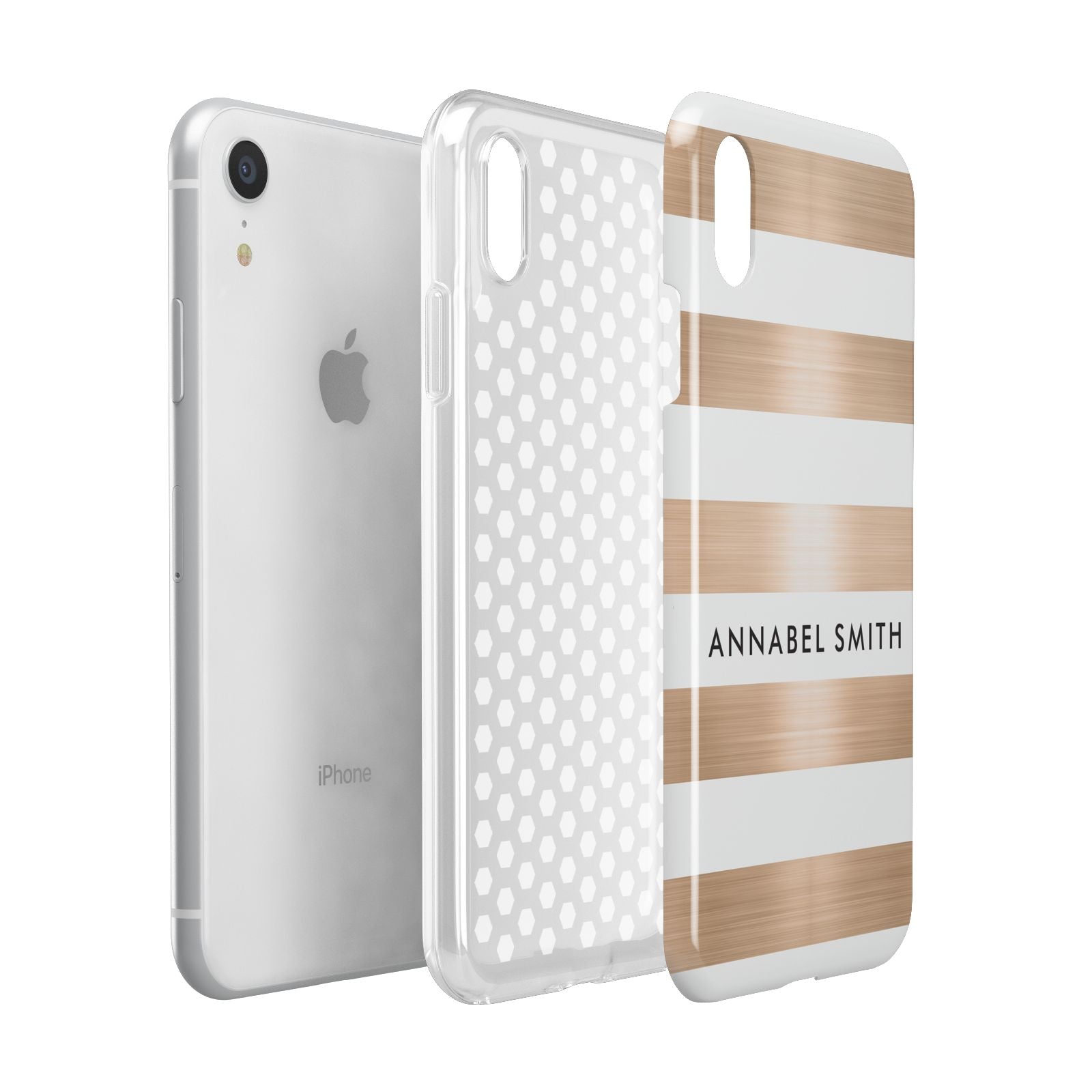 Personalised Gold Striped Name Initials Apple iPhone XR White 3D Tough Case Expanded view