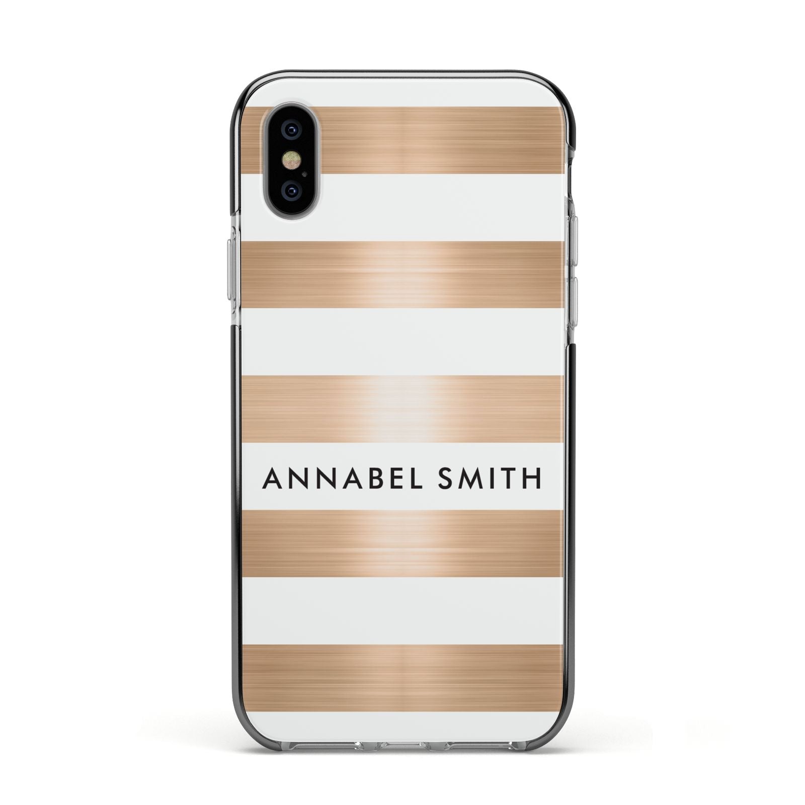 Personalised Gold Striped Name Initials Apple iPhone Xs Impact Case Black Edge on Silver Phone