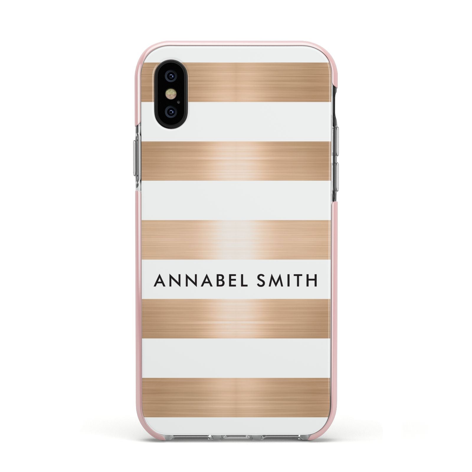 Personalised Gold Striped Name Initials Apple iPhone Xs Impact Case Pink Edge on Black Phone
