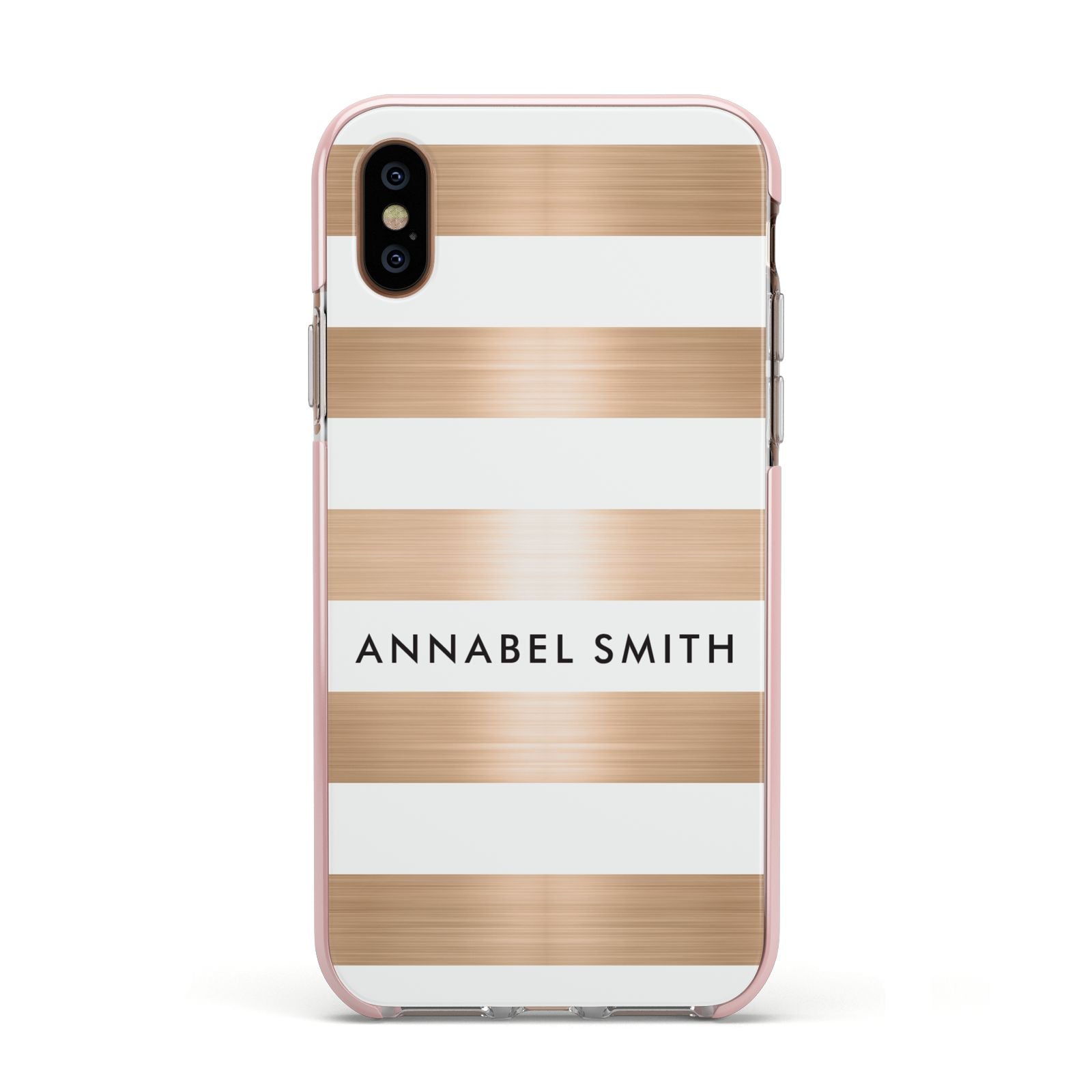 Personalised Gold Striped Name Initials Apple iPhone Xs Impact Case Pink Edge on Gold Phone