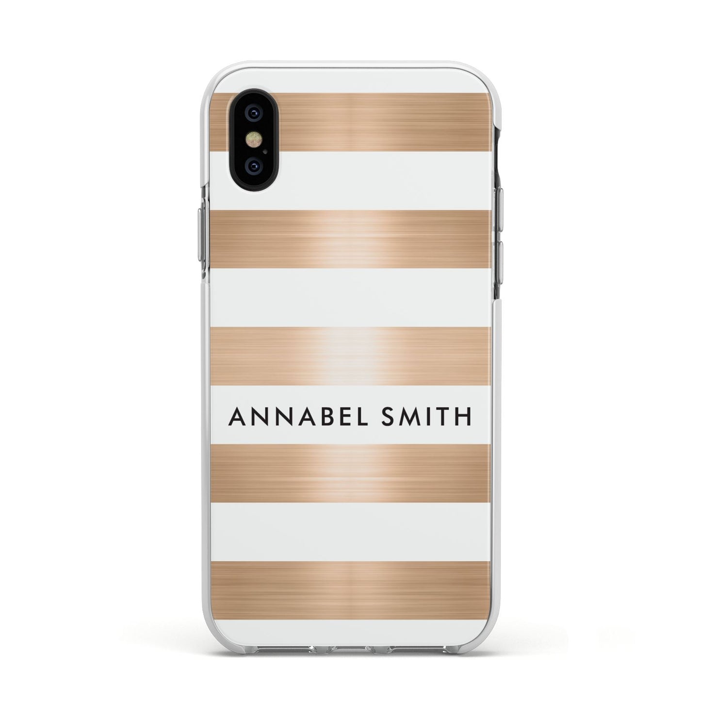 Personalised Gold Striped Name Initials Apple iPhone Xs Impact Case White Edge on Black Phone
