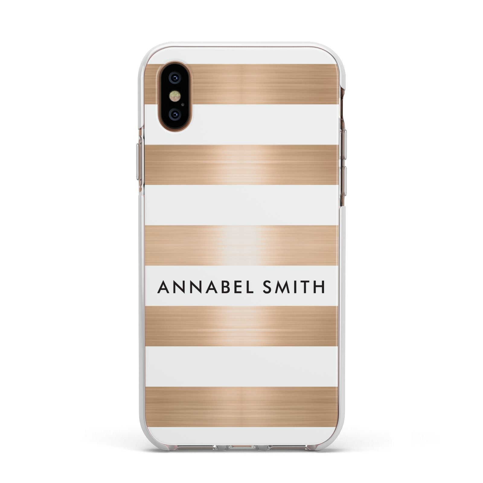 Personalised Gold Striped Name Initials Apple iPhone Xs Impact Case White Edge on Gold Phone