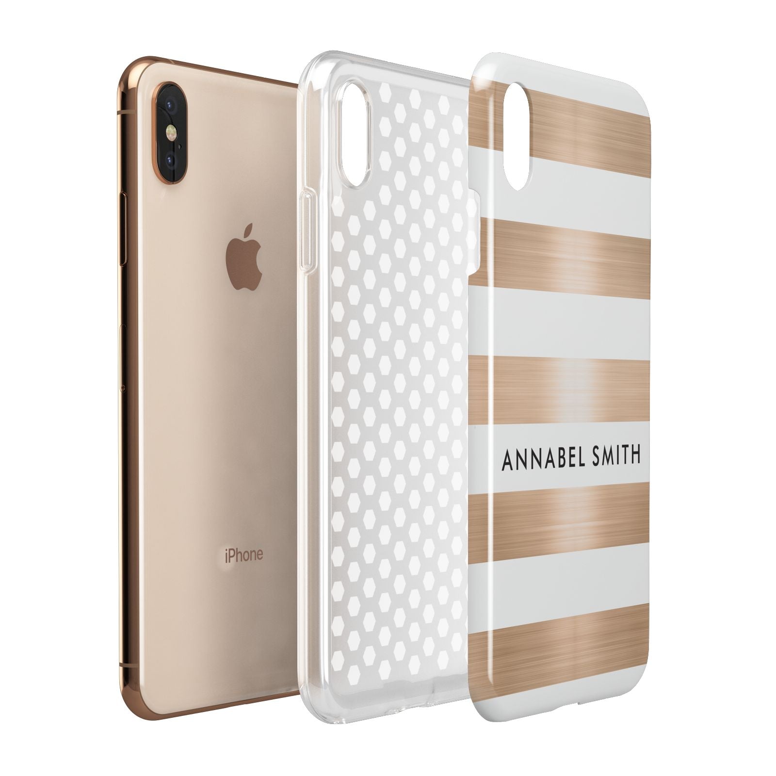 Personalised Gold Striped Name Initials Apple iPhone Xs Max 3D Tough Case Expanded View