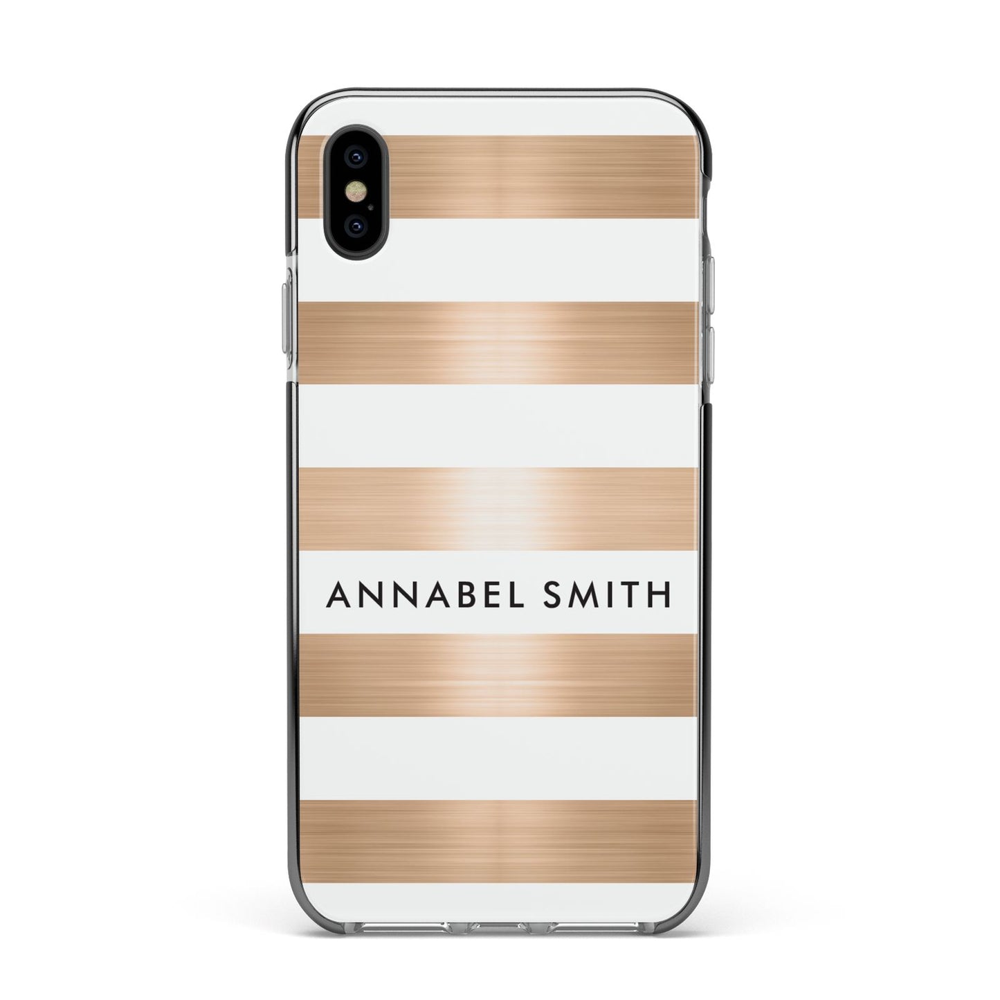 Personalised Gold Striped Name Initials Apple iPhone Xs Max Impact Case Black Edge on Black Phone