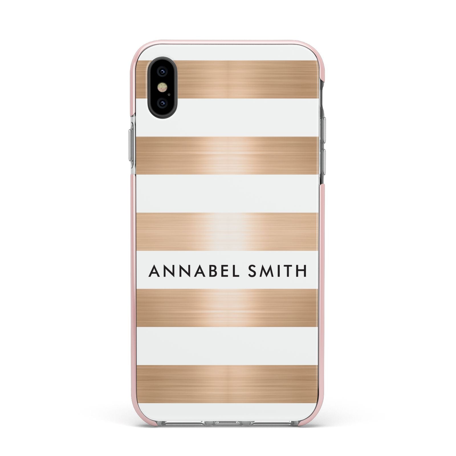 Personalised Gold Striped Name Initials Apple iPhone Xs Max Impact Case Pink Edge on Black Phone