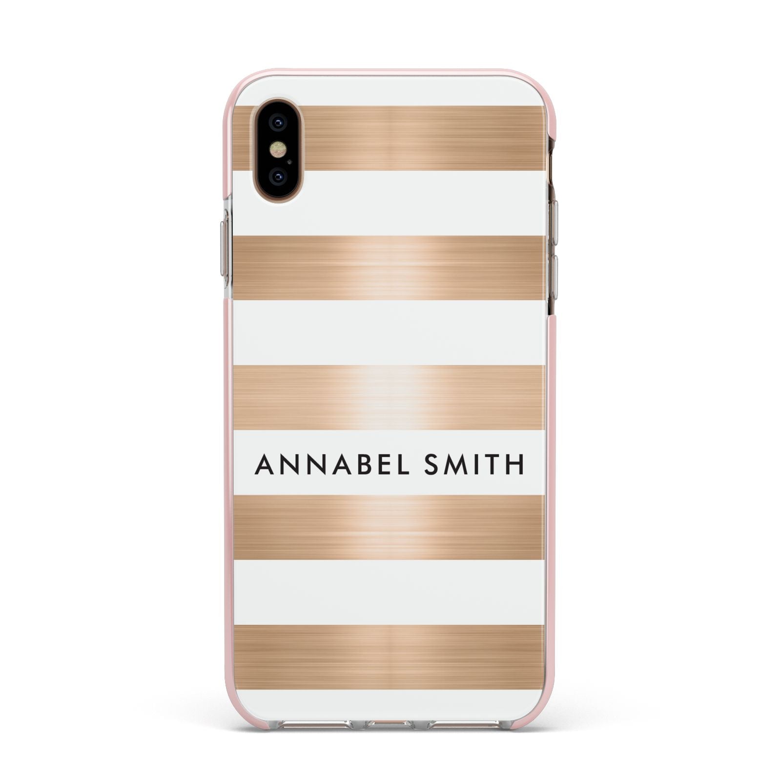 Personalised Gold Striped Name Initials Apple iPhone Xs Max Impact Case Pink Edge on Gold Phone