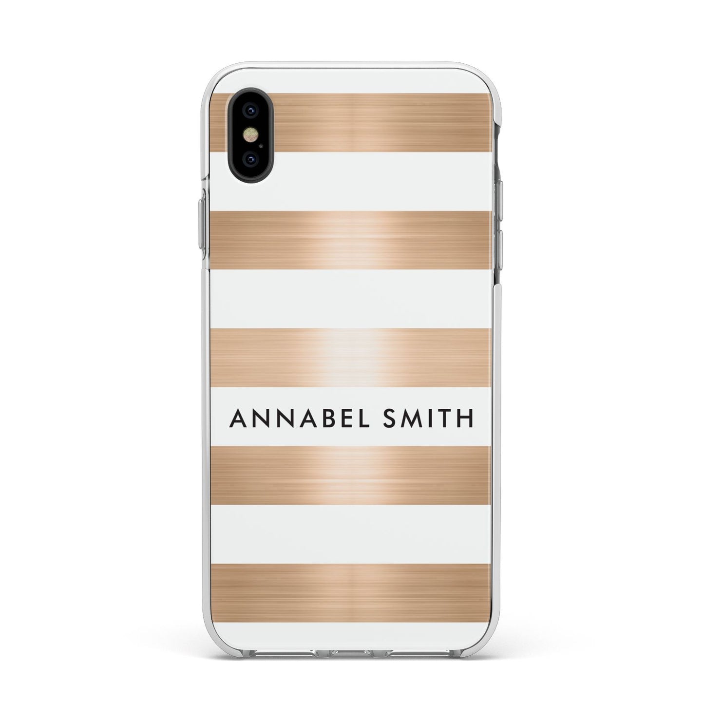 Personalised Gold Striped Name Initials Apple iPhone Xs Max Impact Case White Edge on Black Phone