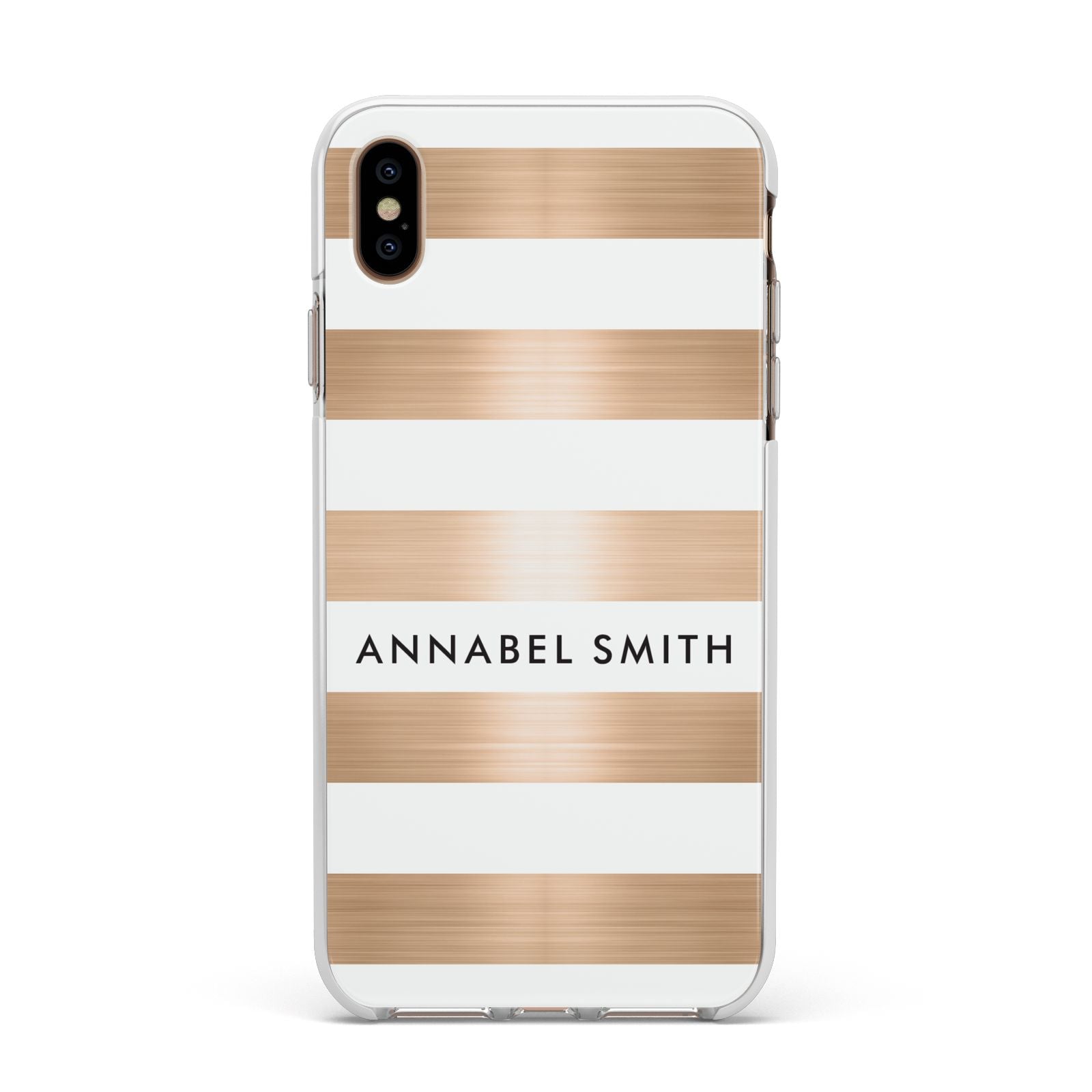 Personalised Gold Striped Name Initials Apple iPhone Xs Max Impact Case White Edge on Gold Phone