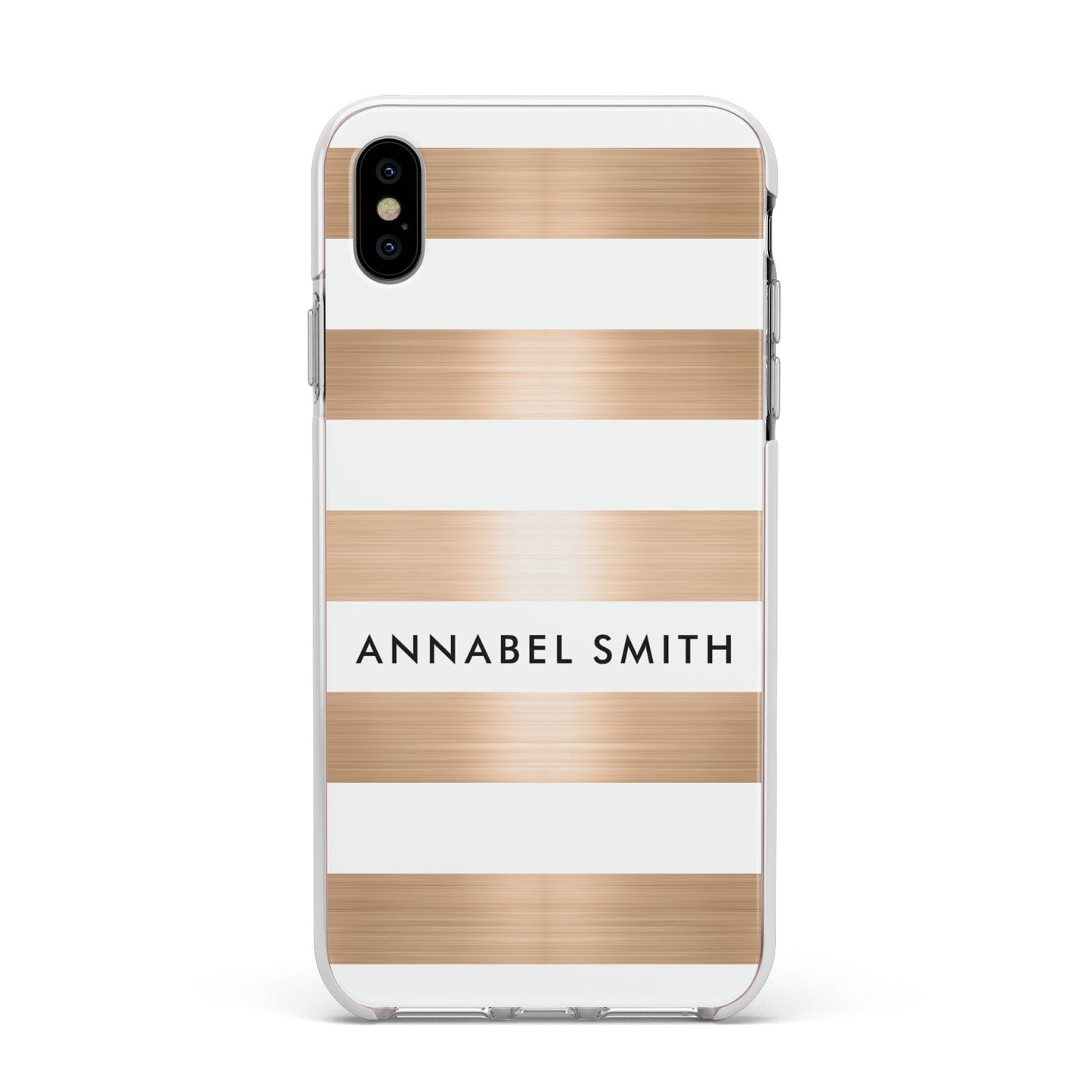 Personalised Gold Striped Name Initials Apple iPhone Xs Max Impact Case White Edge on Silver Phone