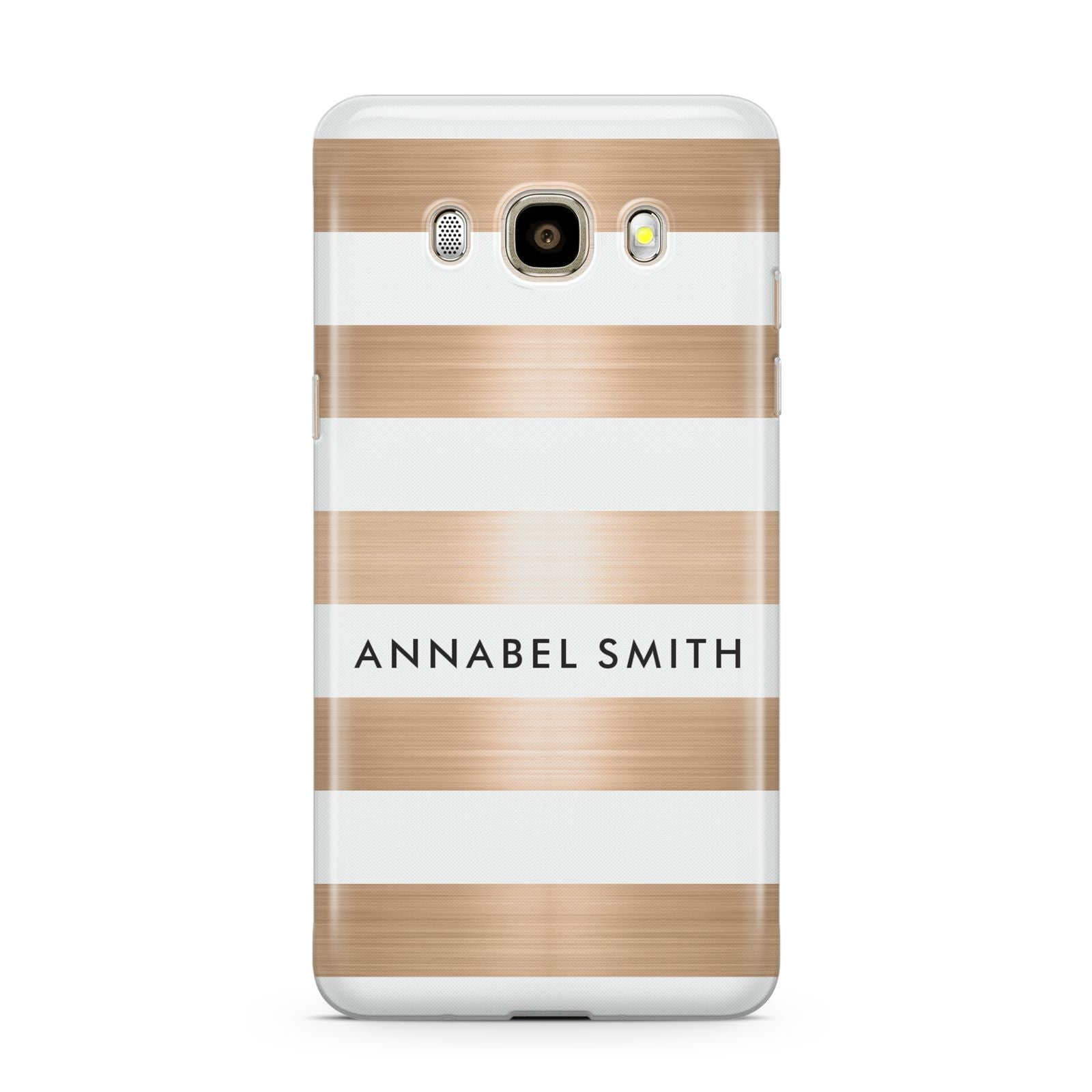 Personalised Gold Striped Name Initials Samsung Galaxy J7 2016 Case on gold phone