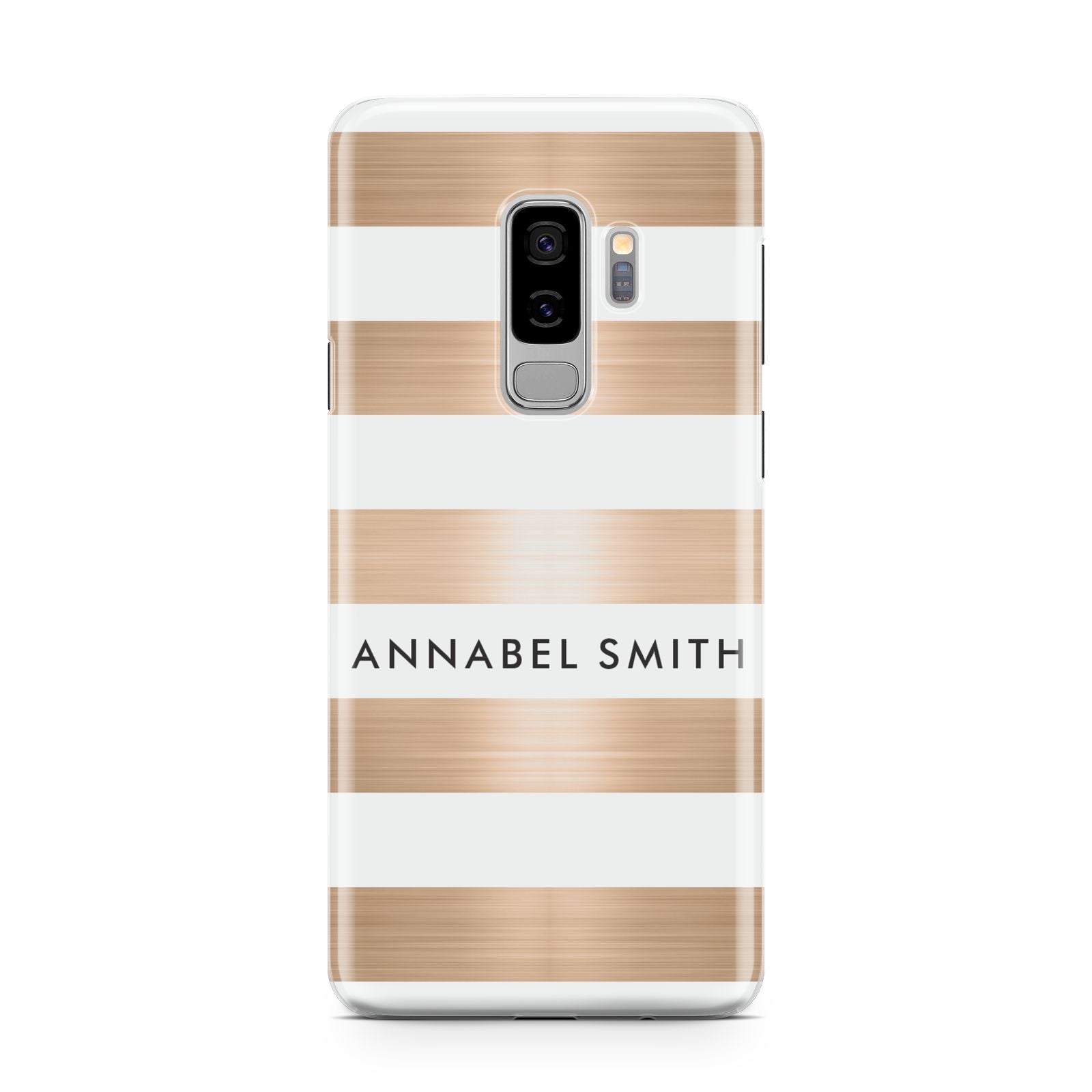 Personalised Gold Striped Name Initials Samsung Galaxy S9 Plus Case on Silver phone