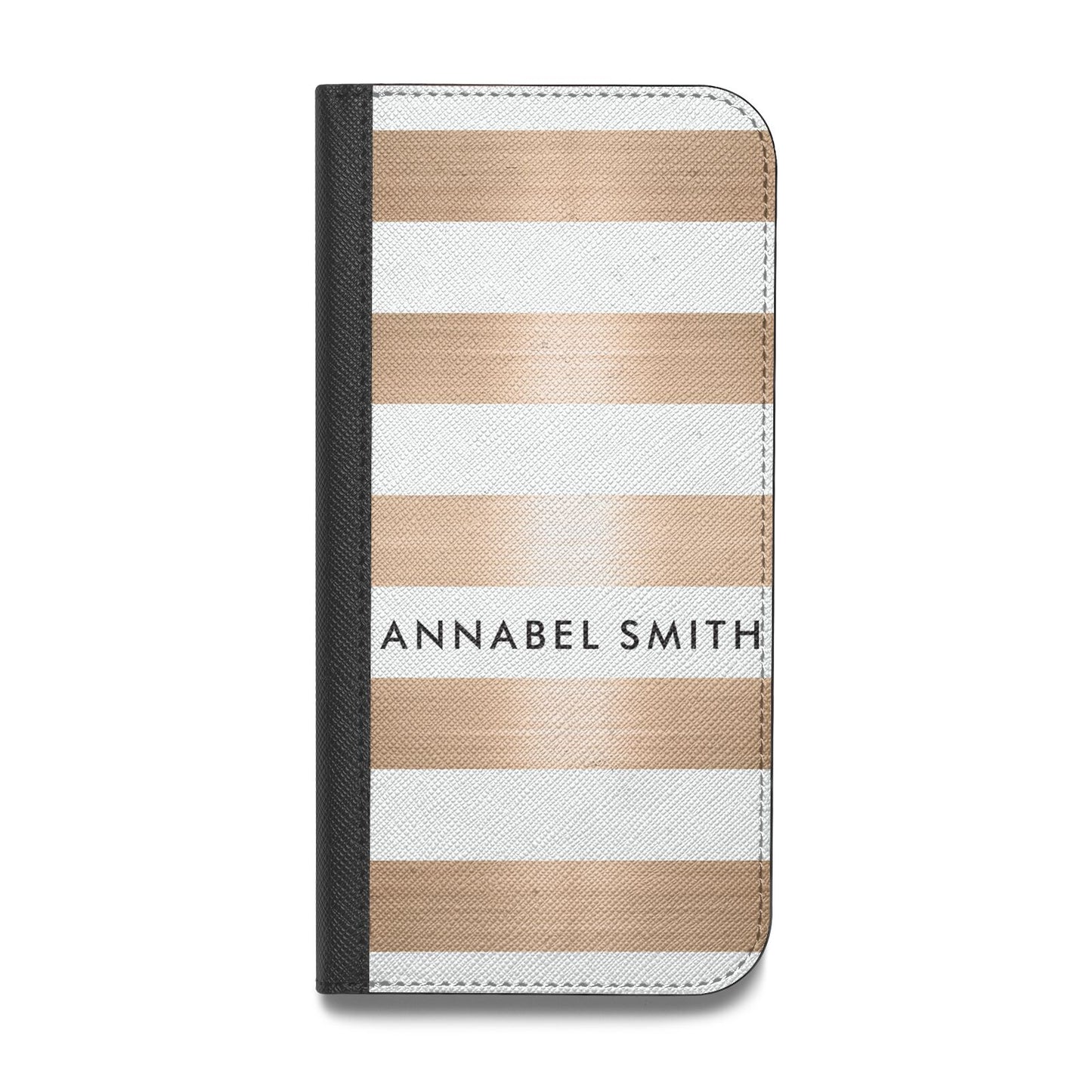 Personalised Gold Striped Name Initials Vegan Leather Flip iPhone Case