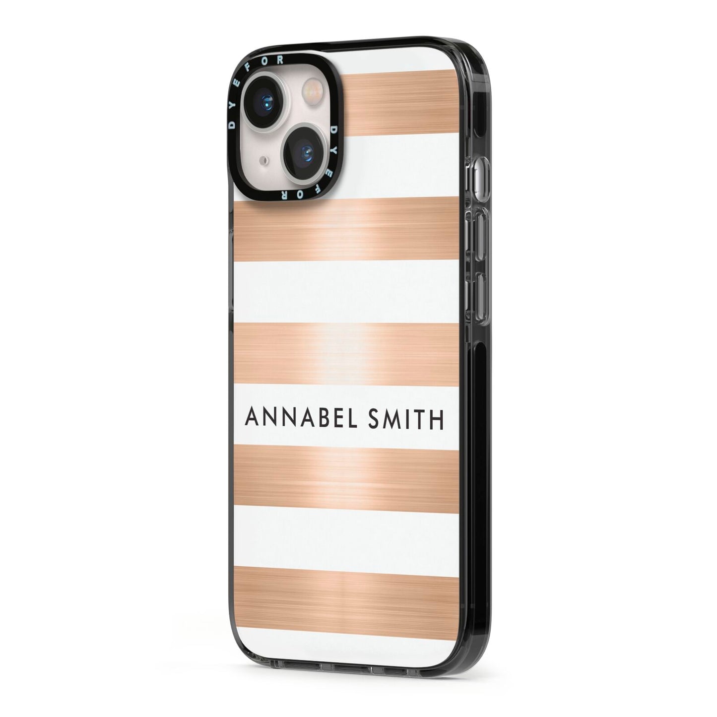 Personalised Gold Striped Name Initials iPhone 13 Black Impact Case Side Angle on Silver phone