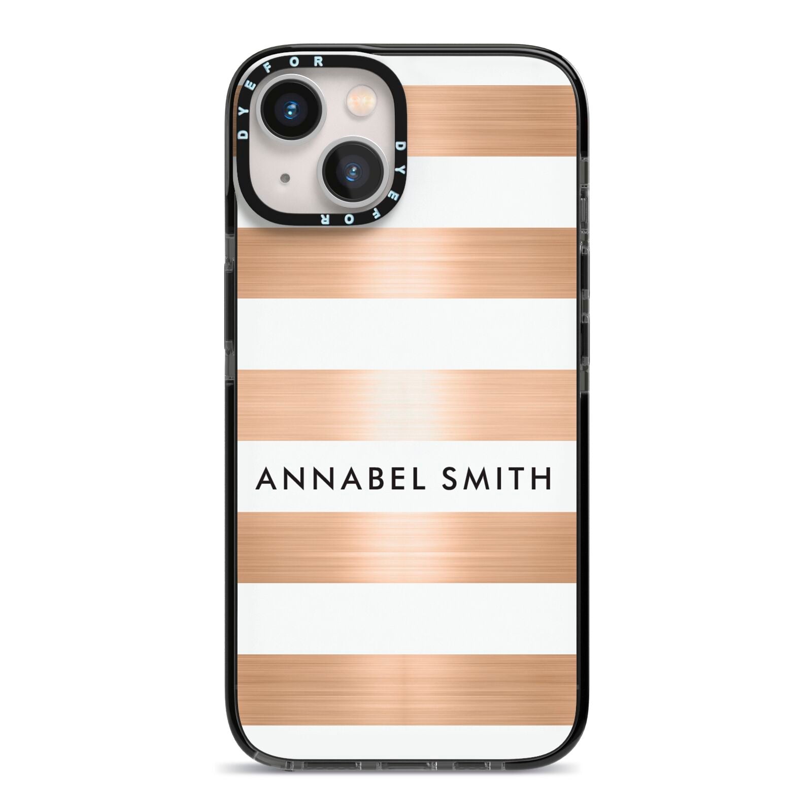 Personalised Gold Striped Name Initials iPhone 13 Black Impact Case on Silver phone