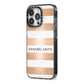 Personalised Gold Striped Name Initials iPhone 13 Pro Black Impact Case Side Angle on Silver phone