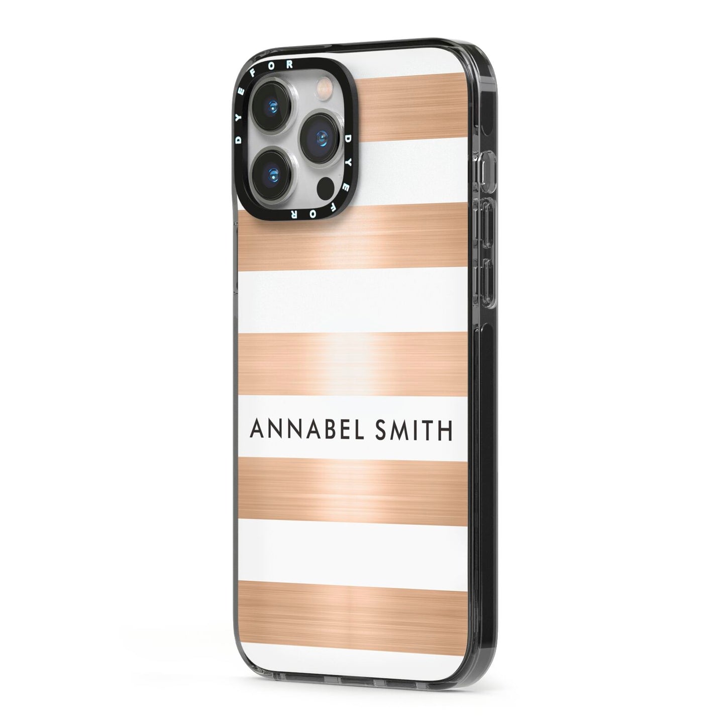 Personalised Gold Striped Name Initials iPhone 13 Pro Max Black Impact Case Side Angle on Silver phone