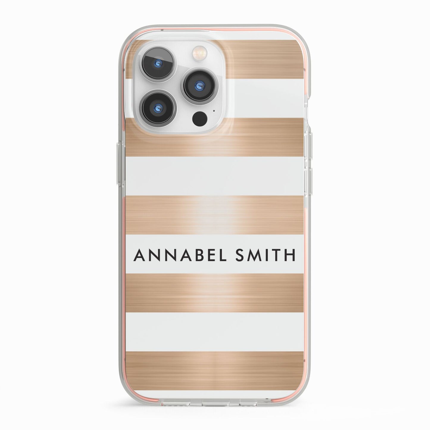 Personalised Gold Striped Name Initials iPhone 13 Pro TPU Impact Case with Pink Edges
