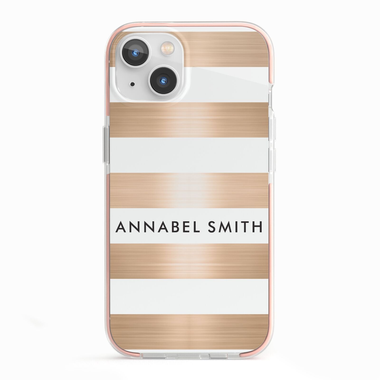 Personalised Gold Striped Name Initials iPhone 13 TPU Impact Case with Pink Edges