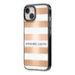 Personalised Gold Striped Name Initials iPhone 14 Black Impact Case Side Angle on Silver phone