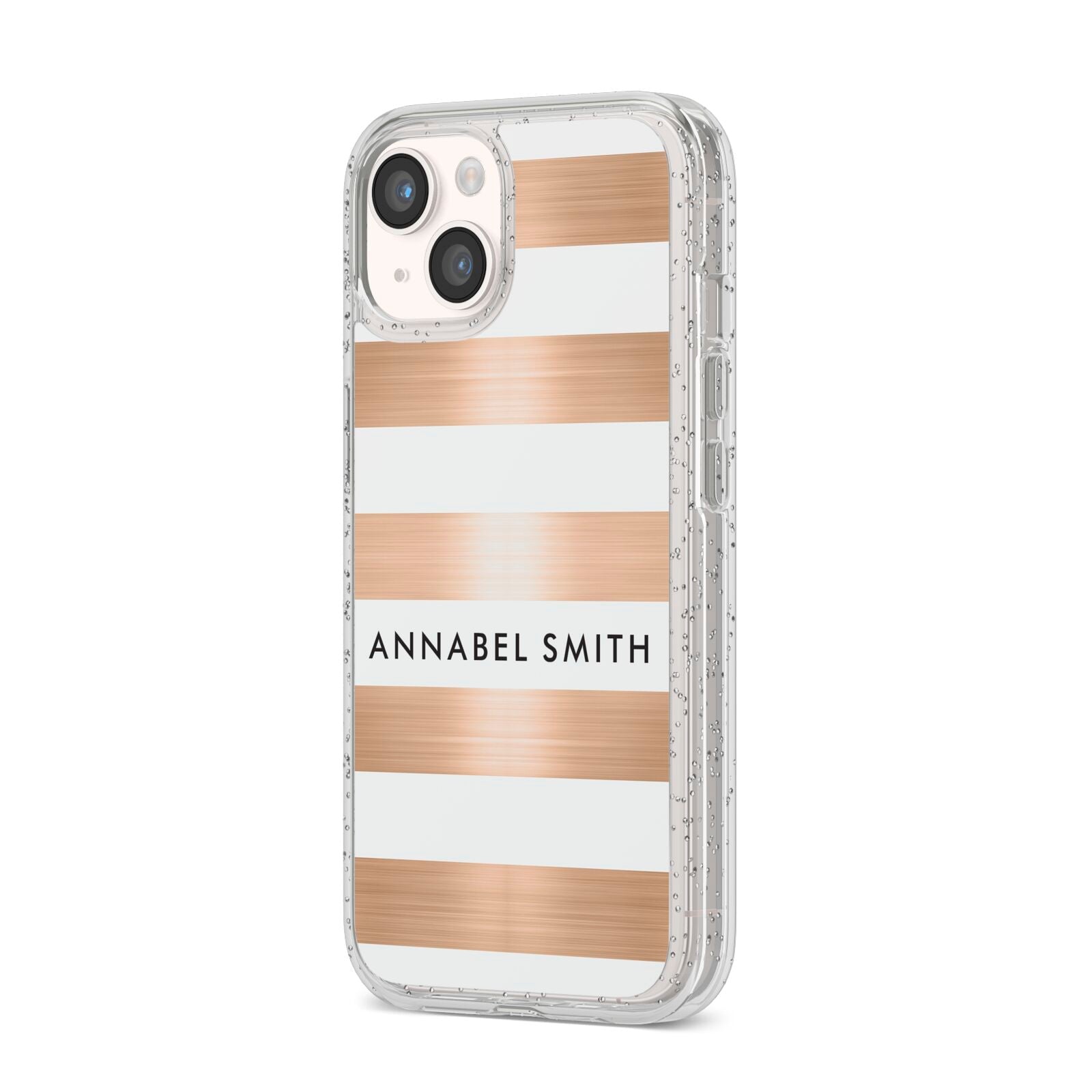 Personalised Gold Striped Name Initials iPhone 14 Glitter Tough Case Starlight Angled Image