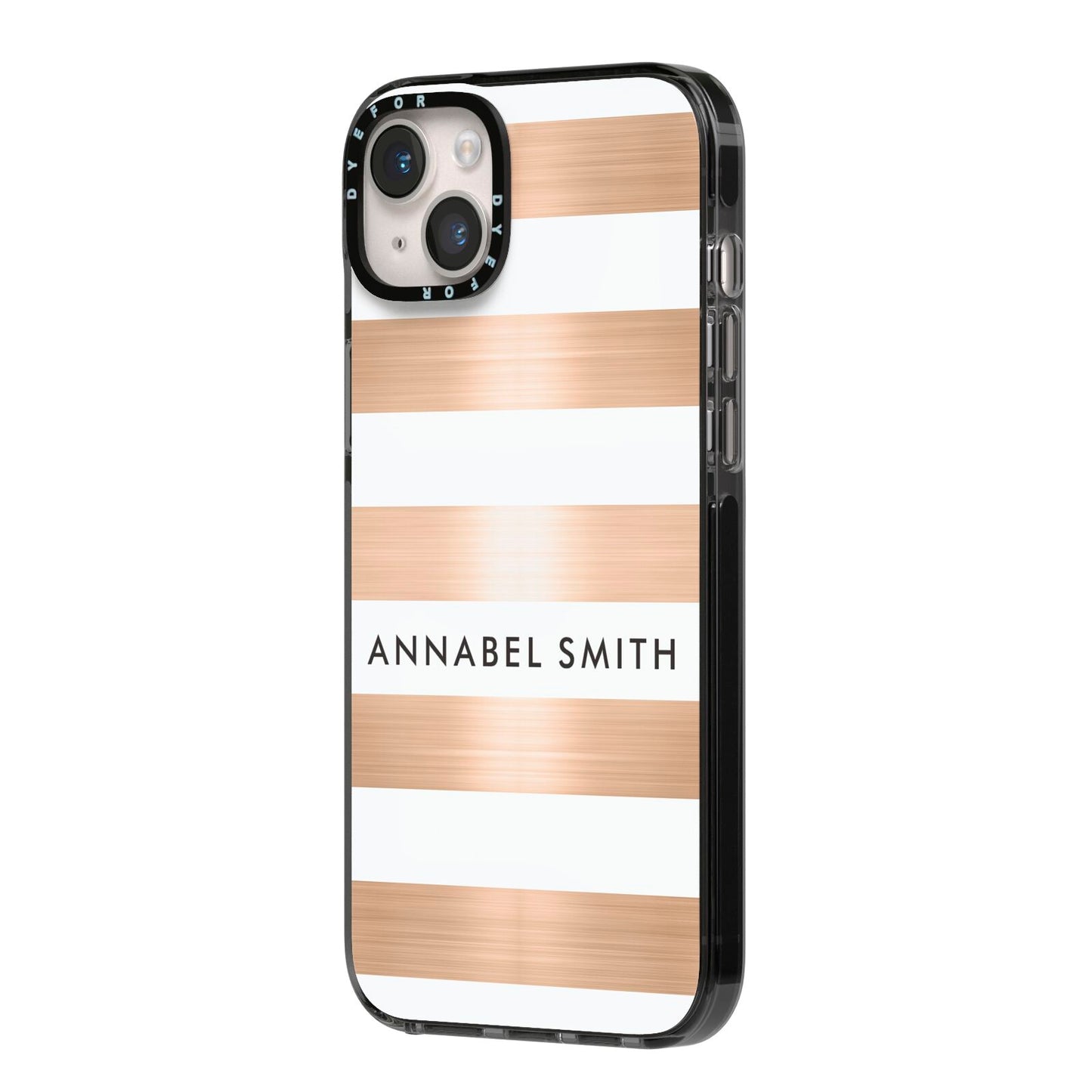 Personalised Gold Striped Name Initials iPhone 14 Plus Black Impact Case Side Angle on Silver phone