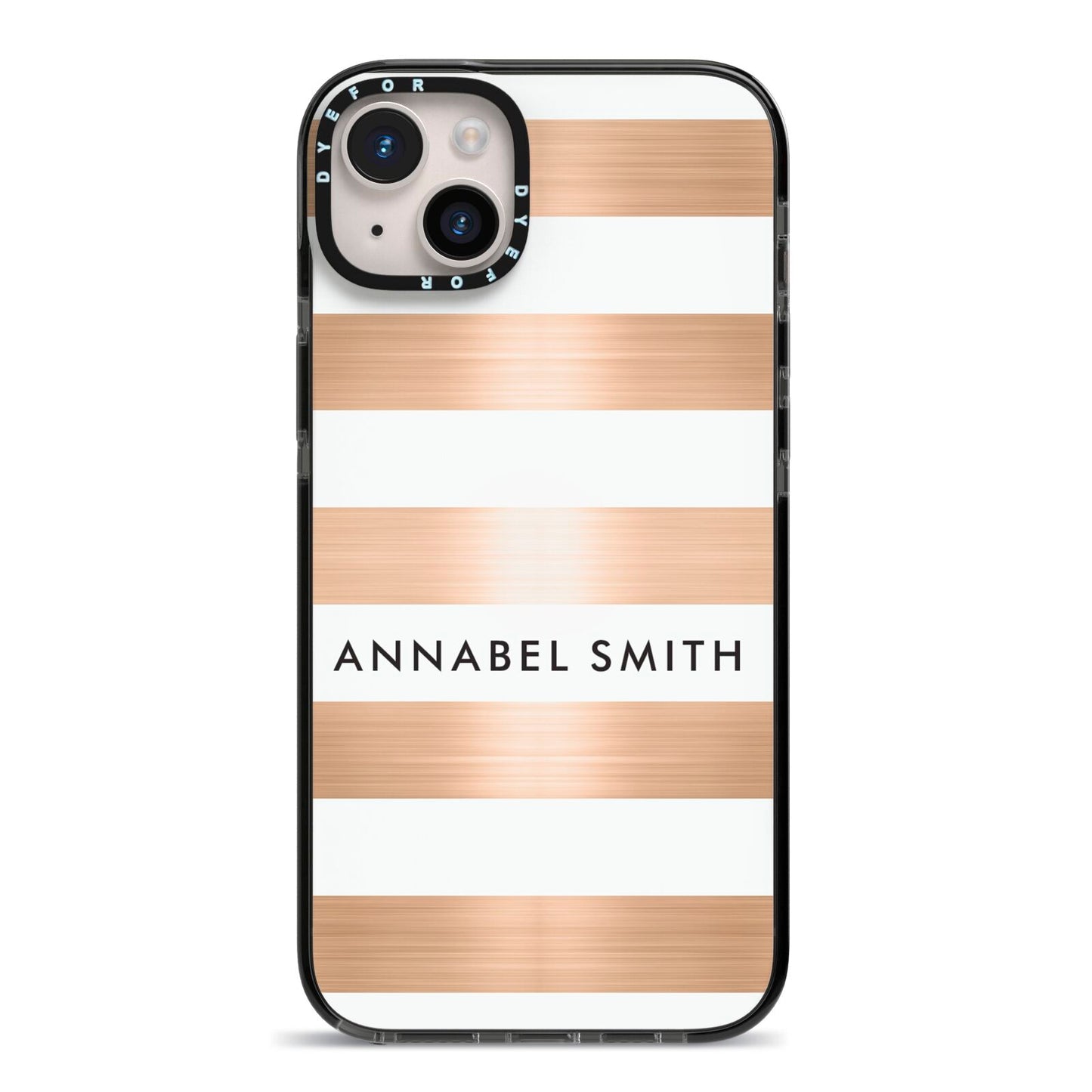 Personalised Gold Striped Name Initials iPhone 14 Plus Black Impact Case on Silver phone
