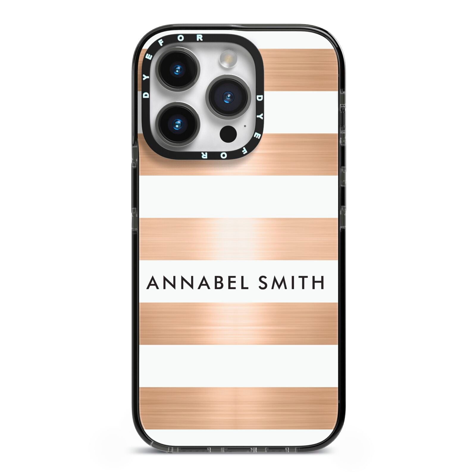 Personalised Gold Striped Name Initials iPhone 14 Pro Black Impact Case on Silver phone